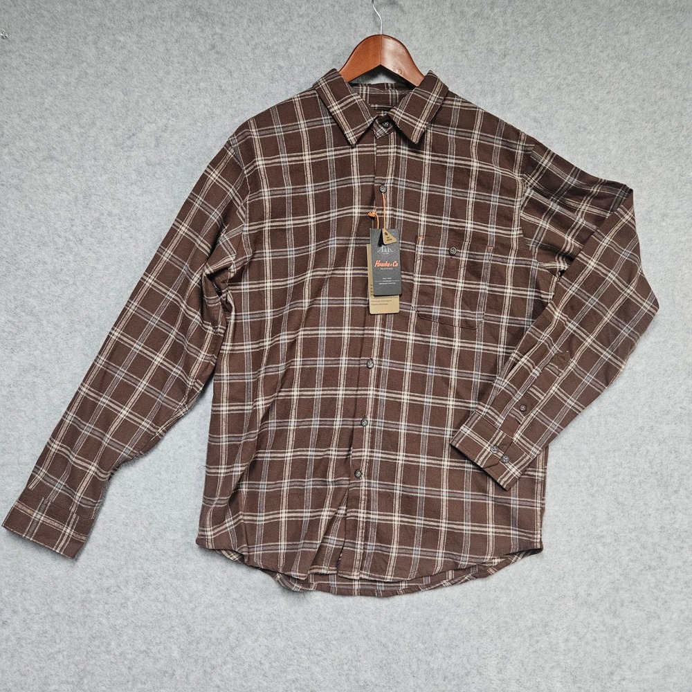 Hawke & Co Button Down Mens L Brown Plaid Flannel Style Cotton Shirt NWT